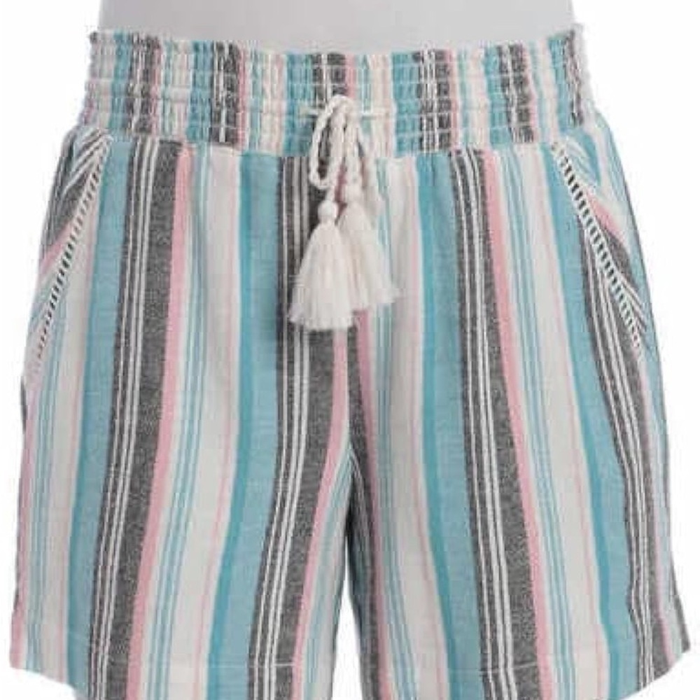 Briggs New York Linen Blend Pull-On Shorts with Pockets Drawstring Teal Stripes